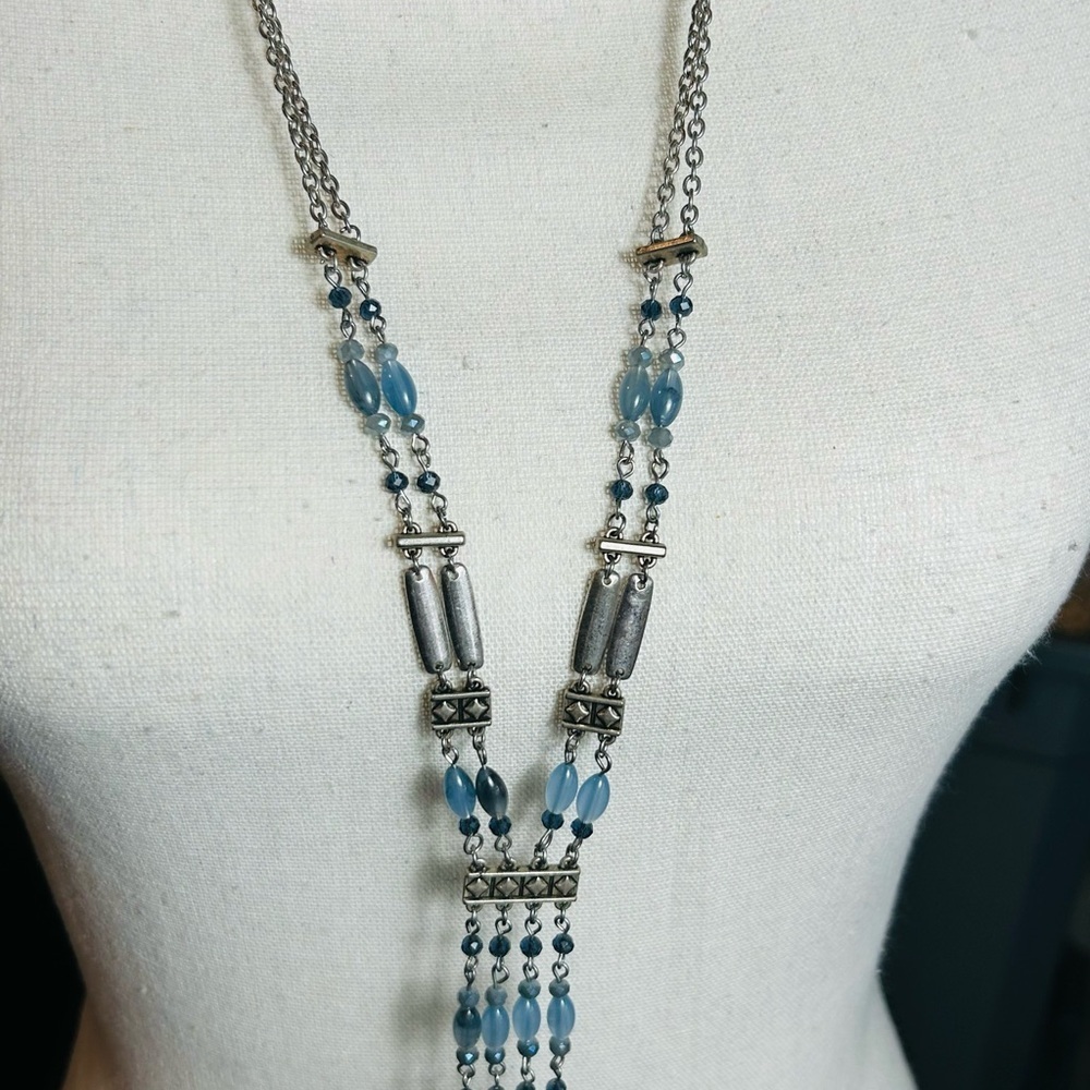 Long Silver and Blue Tassel Necklace Beaded Double Strand Oval Link Unsigned